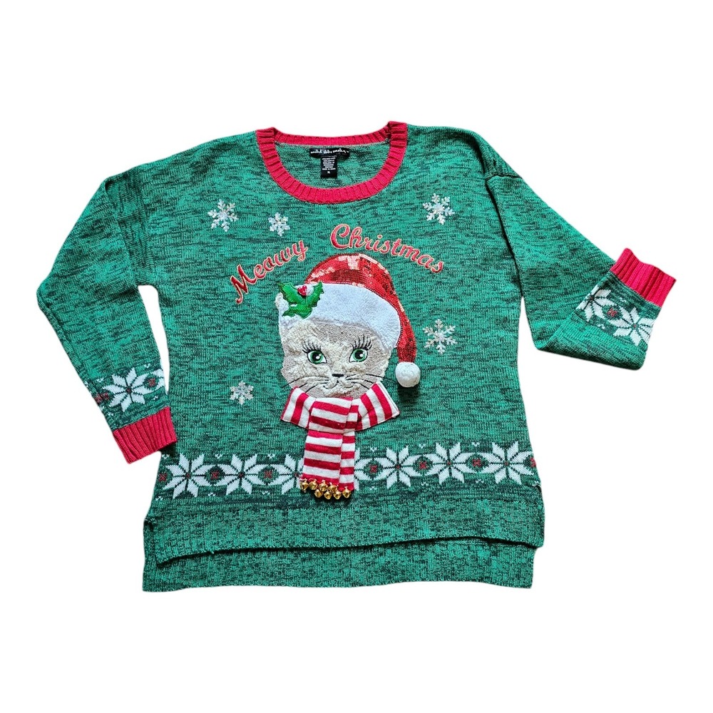 Vtg United States Sweater Christmas Cat with Jingle Bells Knit Sweater Med READ